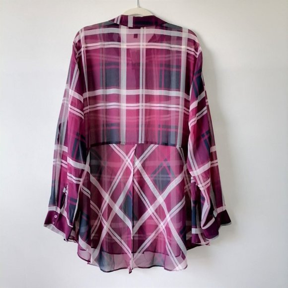 Lane Bryant Womens Purple White Plaid Sheer Button Up Tunic Shirt Size 26/28 - Picture 4 of 8